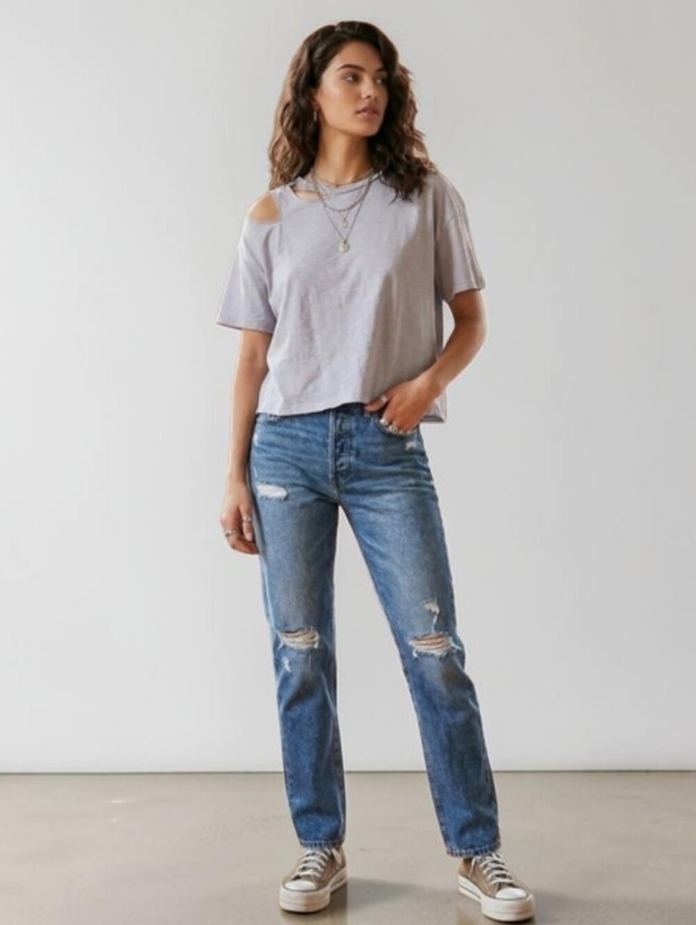 Black Tape Heathered Gray Women's Ripped Shoulder Boxy Cropped Top, XL, EUC